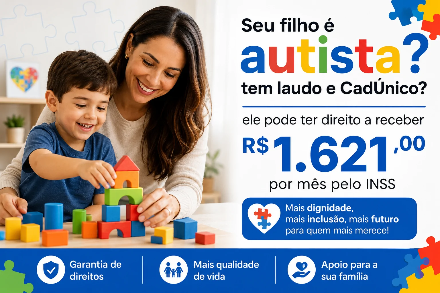 Mãe acompanhando filho em atividade com blocos coloridos